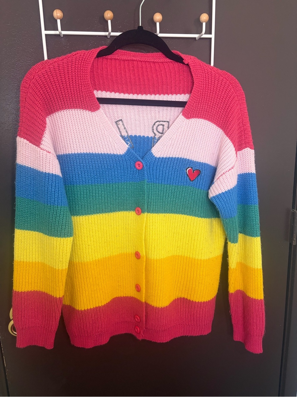 Bright Rainbow Stripe Button-Up Oversized Cardigan Sweater with Heart Patch